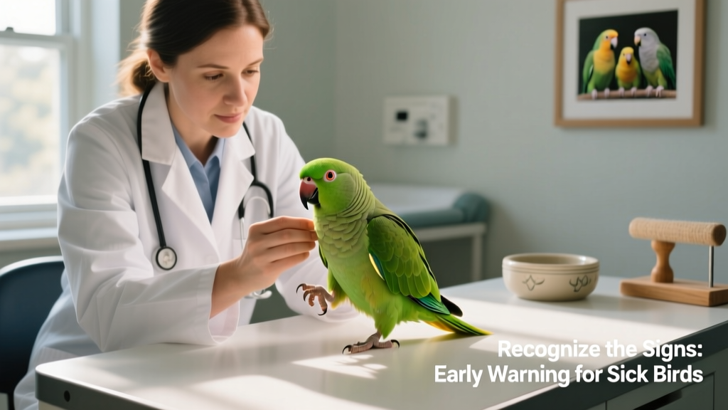 Avian veterinarian gently examining a small parrot on a clean, well-lit exam table