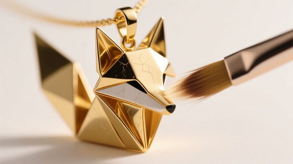 Soft brush sweeping inside tight geometric folds of a gold vermeil origami fox pendant under warm, directional studio lighting.