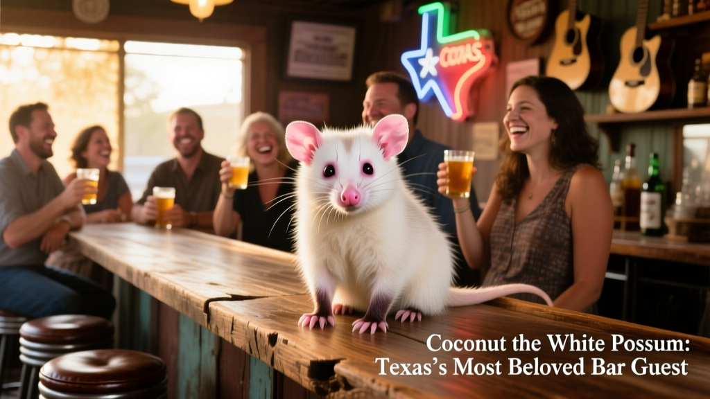 Coconut the leucistic opossum sitting calmly on a wooden bar counter, surrounded by smiling patrons
