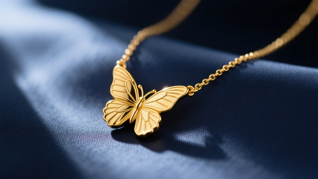 Close-up of a delicate 14k solid gold butterfly charm necklace on silk fabric, soft sunlight highlighting the textured wings.