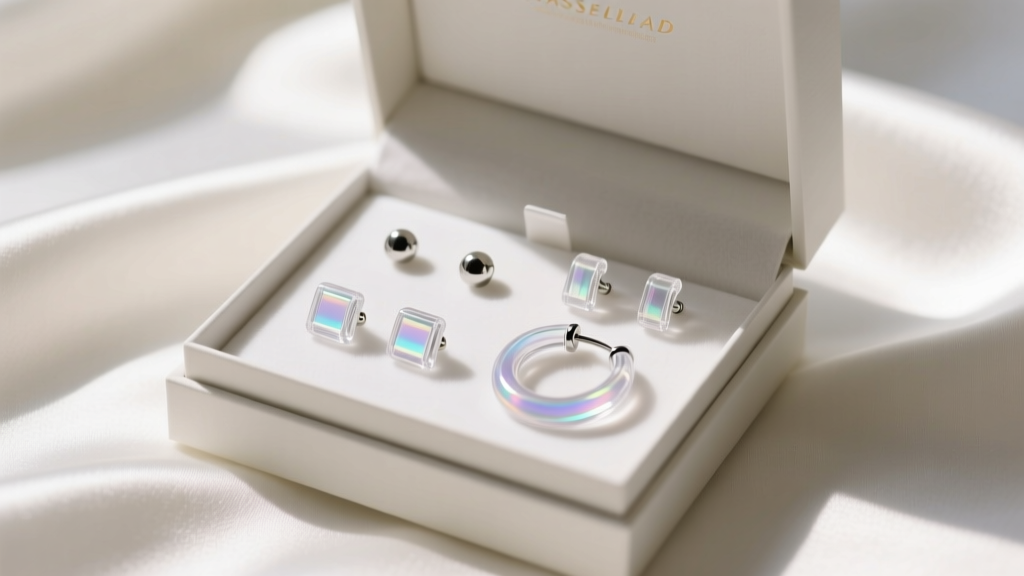 Elegant gift box opened to reveal a set of medical-grade clear bioplast ear studs and huggies resting on soft white silk fabric
