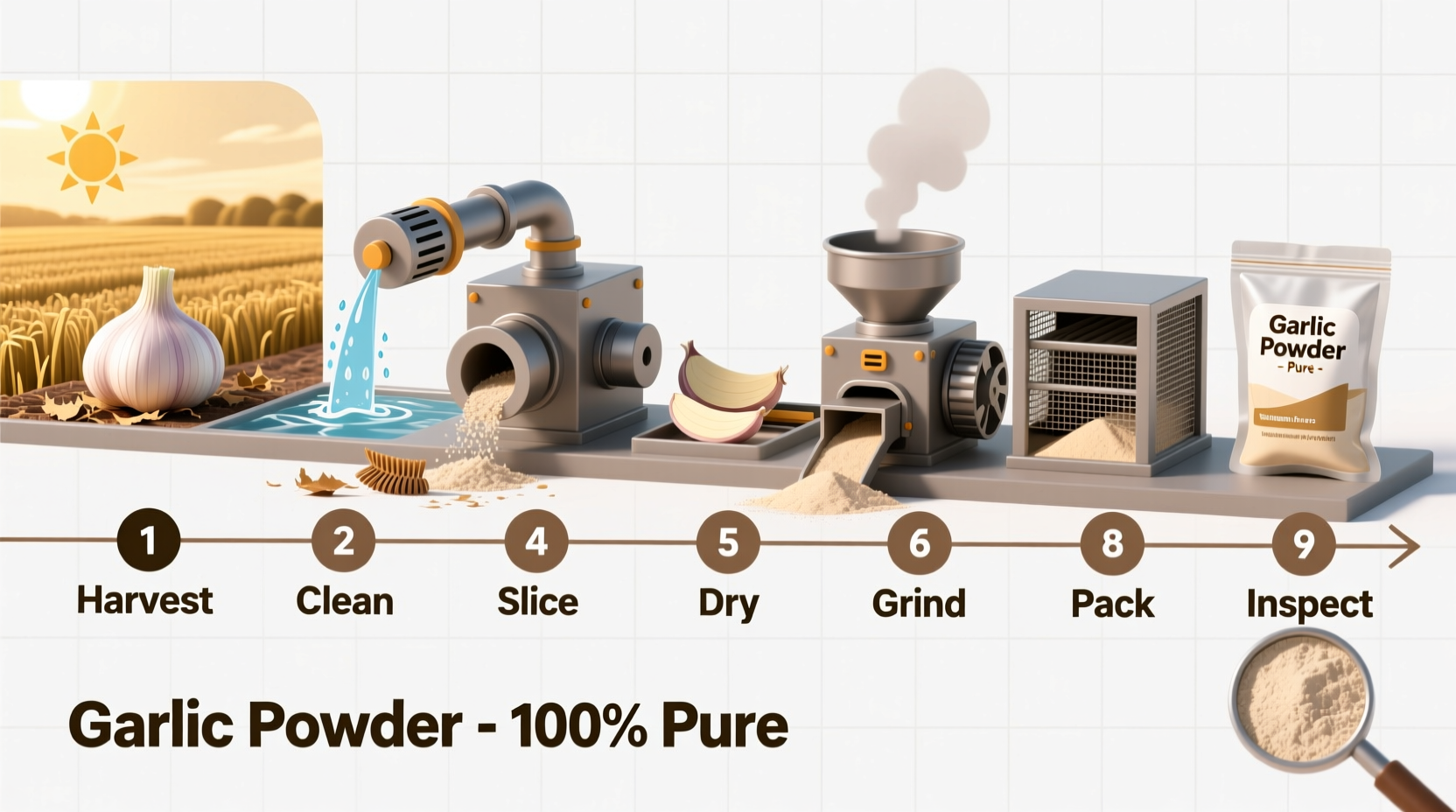 Garlic powder production timeline showing key stages