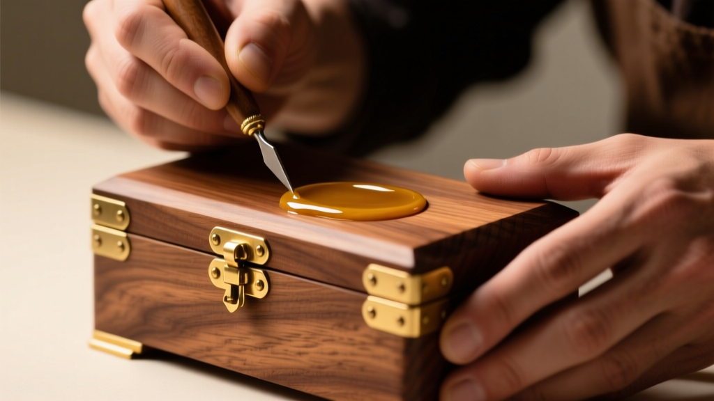 Close-up of a craftsman applying Renaissance Wax to a walnut woodworking jewelry box with brass hinges under warm studio lighting