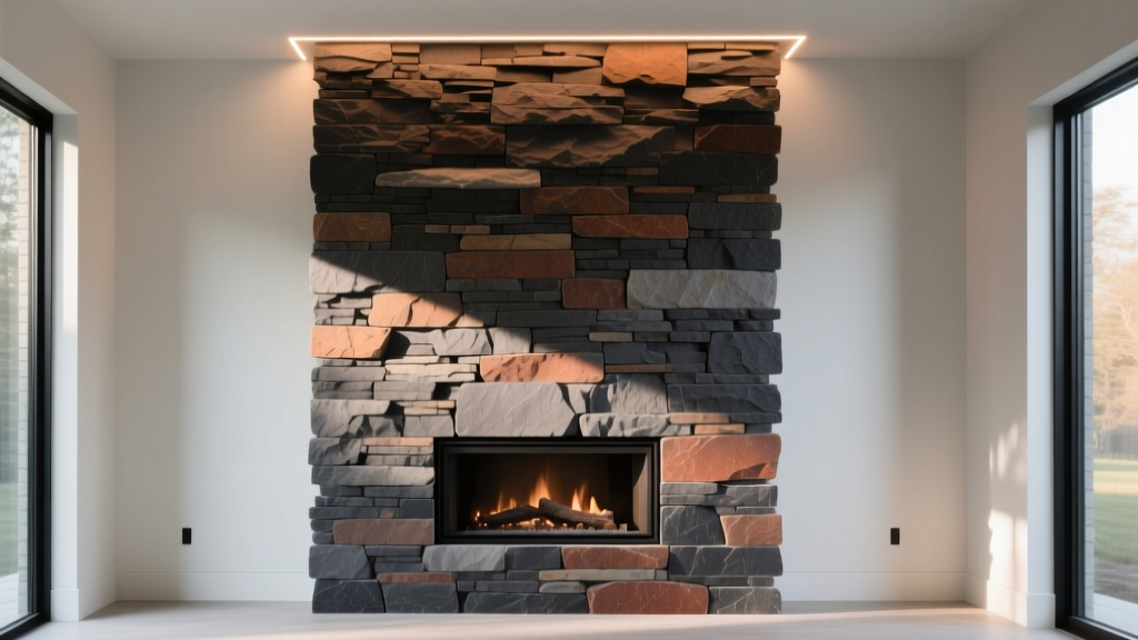 Charcoal mortarless stone veneer panels on a modern fireplace wall with grazing LED lighting highlighting the dry-stack texture