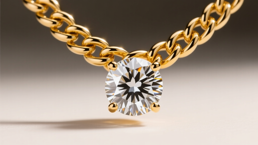 Close-up of a 15-carat round diamond ring pendant on a thick 12mm 14k yellow gold Miami Cuban chain under bright studio lighting