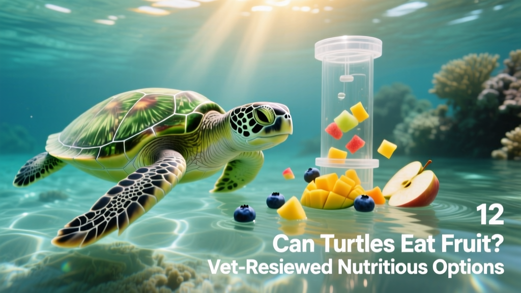 A happy, alert turtle swimming toward a feeding station where small fruit pieces float gently in clean, filtered water