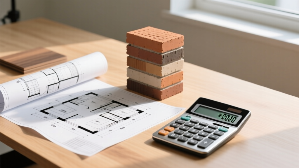 Architectural blueprints and a financial calculator on a wooden desk next to stacked brick samples for a modern townhouse