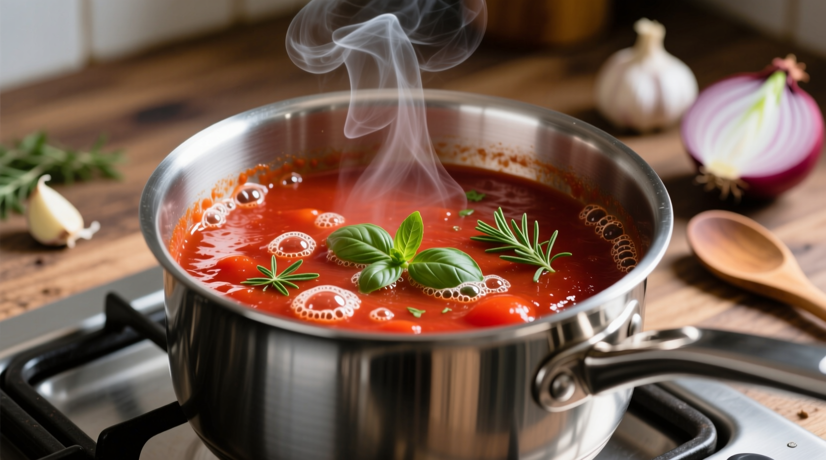 Tomato sauce simmering in stainless steel pot