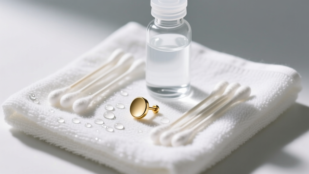 Overhead view of sterile saline wound wash and cotton swabs arranged next to a minimalist gold left ear stud on a clean towel