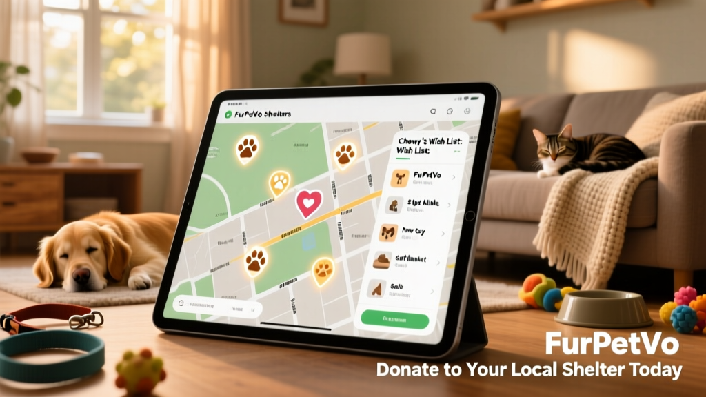 Map interface showing nearby shelters with active FurPetVo Wish Lists