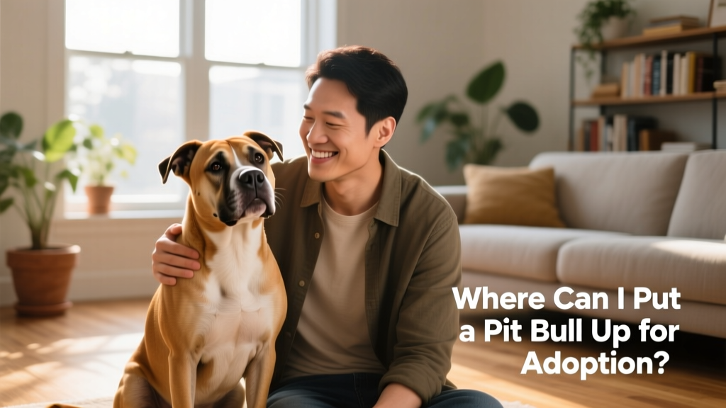 A friendly, well-groomed Pit Bull sitting calmly beside a smiling adult, both looking relaxed and connected