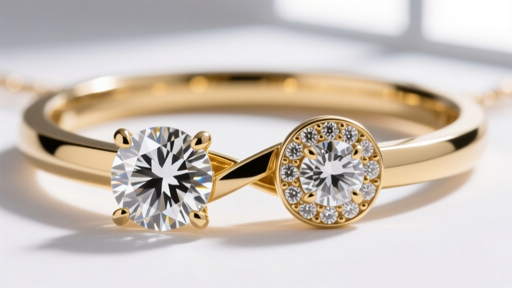 Macro photography comparing a prong-set SI1 clarity diamond and a bezel-set VS2 diamond in a gold eternity necklace link