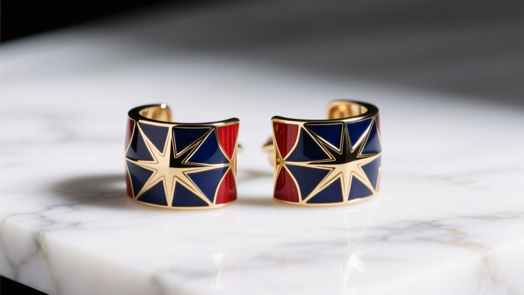 Navy and red guilloché enamel ear cuffs with starburst patterns on white marble, photographed with soft, diffused studio lighting.