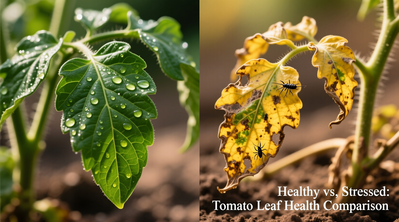 Close-up of healthy tomato leaves versus curling leaves