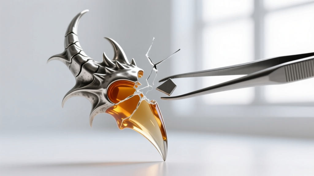 Macro shot of clear epoxy on a broken pewter dragon claw spike, with tweezers holding the small metallic fragment steady.