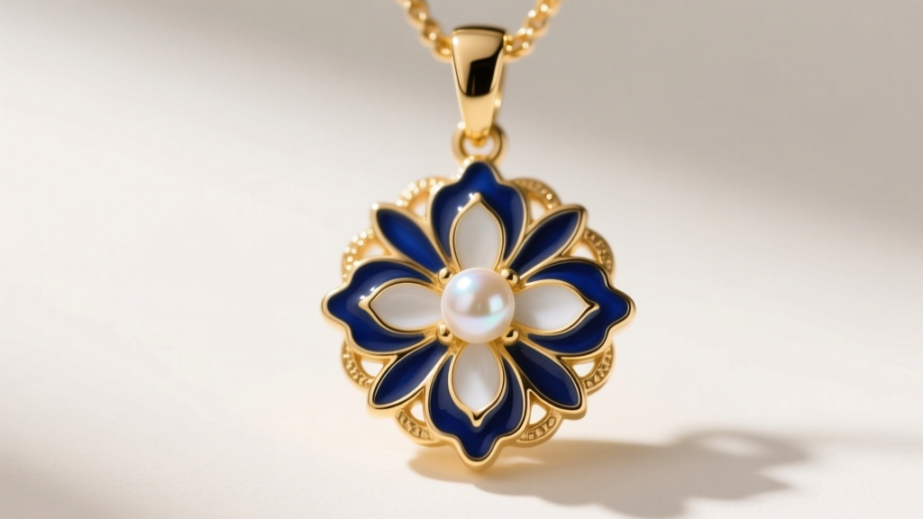 Macro shot of a gold-tone Anastasia pendant featuring intricate blue and white cold enamel and a small faux pearl in the center