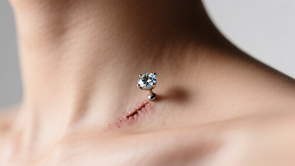 Close-up of a healed microdermal anchor on a collarbone with a sparkling 3mm titanium gemstone top under bright studio lighting