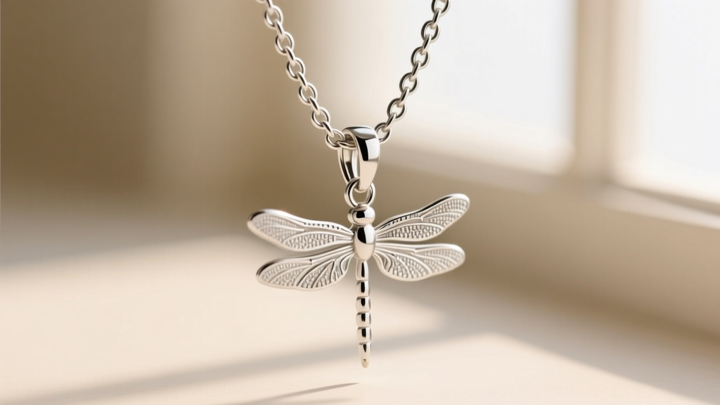 Extreme close-up of a 1.2mm sterling silver rolo chain connecting to a dragonfly pendant via a heavy-duty 16-gauge jump ring