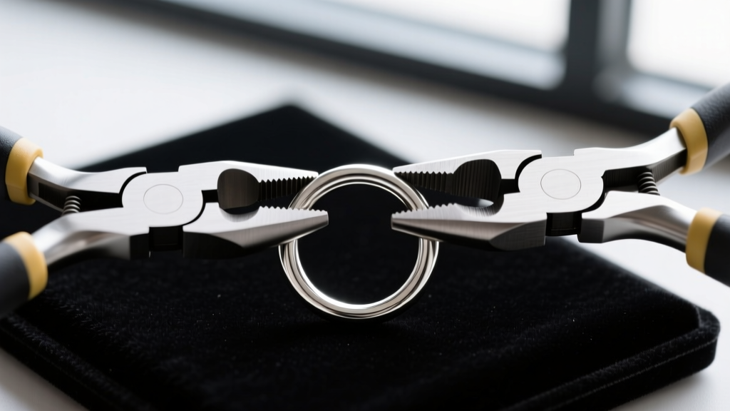 Close-up of two flat-nose pliers correctly twisting a 20-gauge silver jump ring open laterally over a dark velvet jewelry pad.