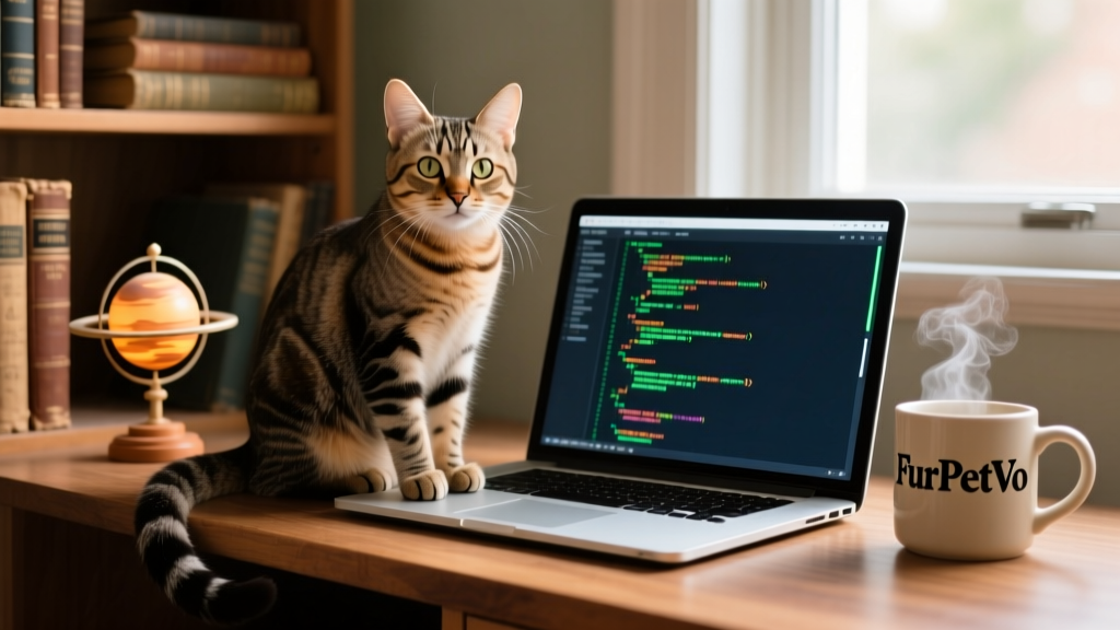 A tabby cat sitting beside a laptop displaying code, next to a mug labeled 'FurPetVo' and a shelf holding science textbooks and a small model solar system