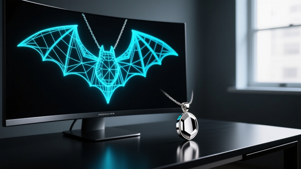 Monitor displaying a 3D CAD wireframe of a bat-wing pendant beside a finished 316L stainless steel cast prototype on a dark desk.