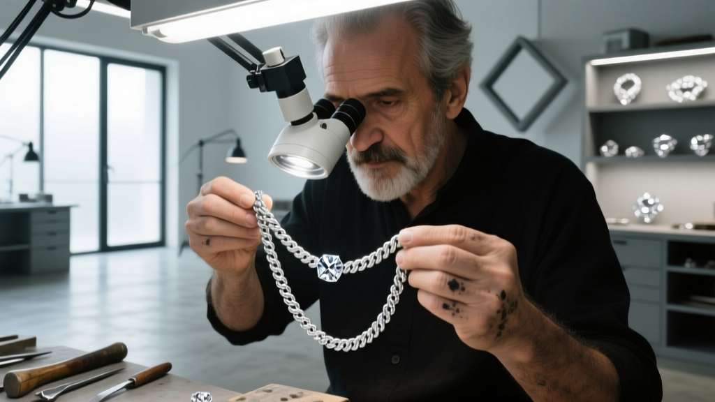 Italian jewelry artisan inspecting a diamond-cut sterling silver rope chain under bright magnifying lights in a modern workshop.