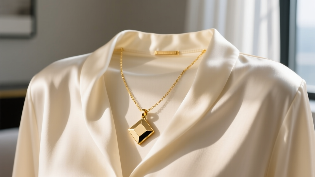 14k gold charm holder necklace with a geometric pendant resting on a cream silk blouse, illuminated by warm natural window light.
