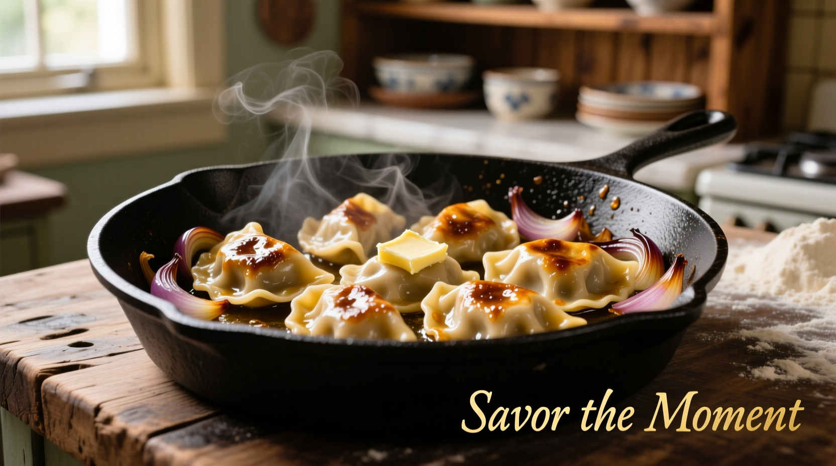 Golden brown perogies sizzling in a cast iron skillet with onions