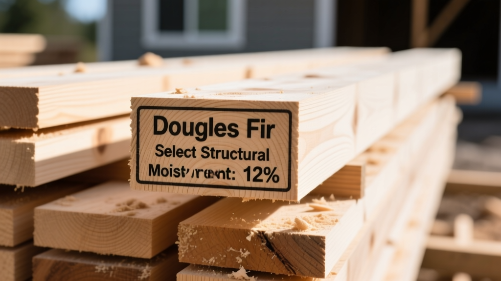 Close-up of a framing lumber stamp showing species, grade, and moisture content on a stacked pile of Douglas Fir 2x6 studs in a residential construction site