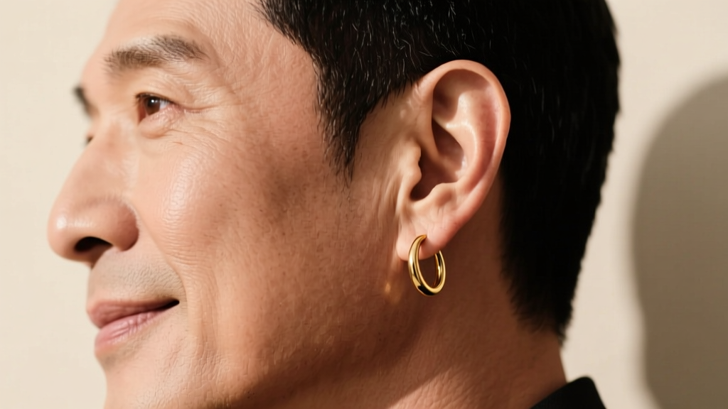 Side profile of a man wearing a lightweight 14k gold hoop earring, showing proper fit and weight distribution on a healthy ear lobe.