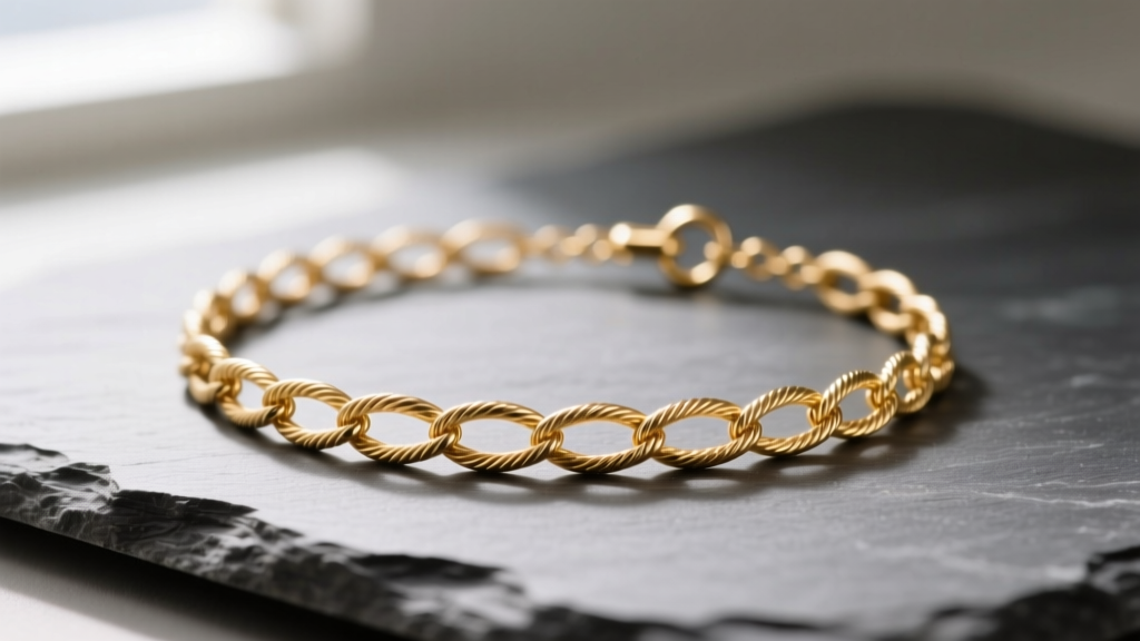 Close-up of a 1.2mm 14k gold petite cable linked necklace on slate, showing twisted oval links and a small spring ring clasp.