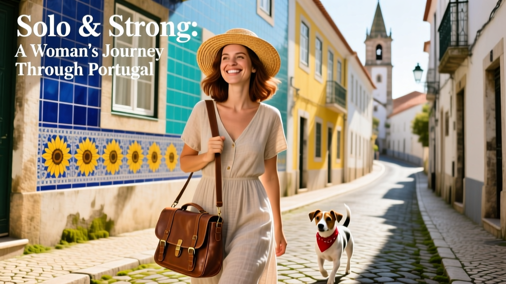A woman sightseeing in Lisbon, smiling beside colorful tiled buildings and cobblestone streets