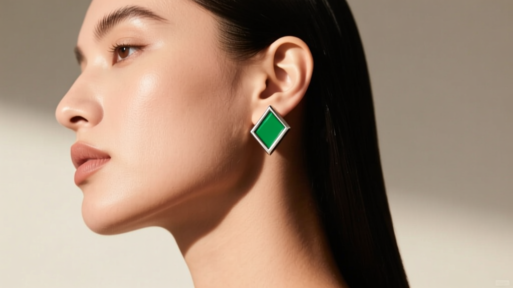 Side profile of a model wearing an emerald baguette ear cuff climbing the helix, paired with a minimalist geometric lobe stud