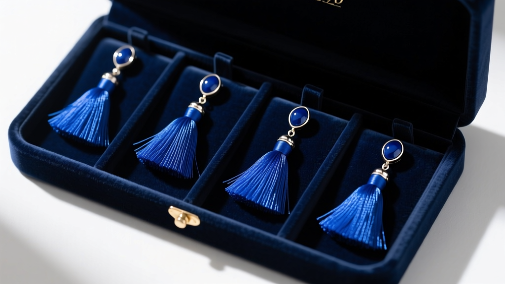 Overhead view of royal blue tassel earrings stored inside individual slots of a dark velvet-lined jewelry box to prevent tangling.