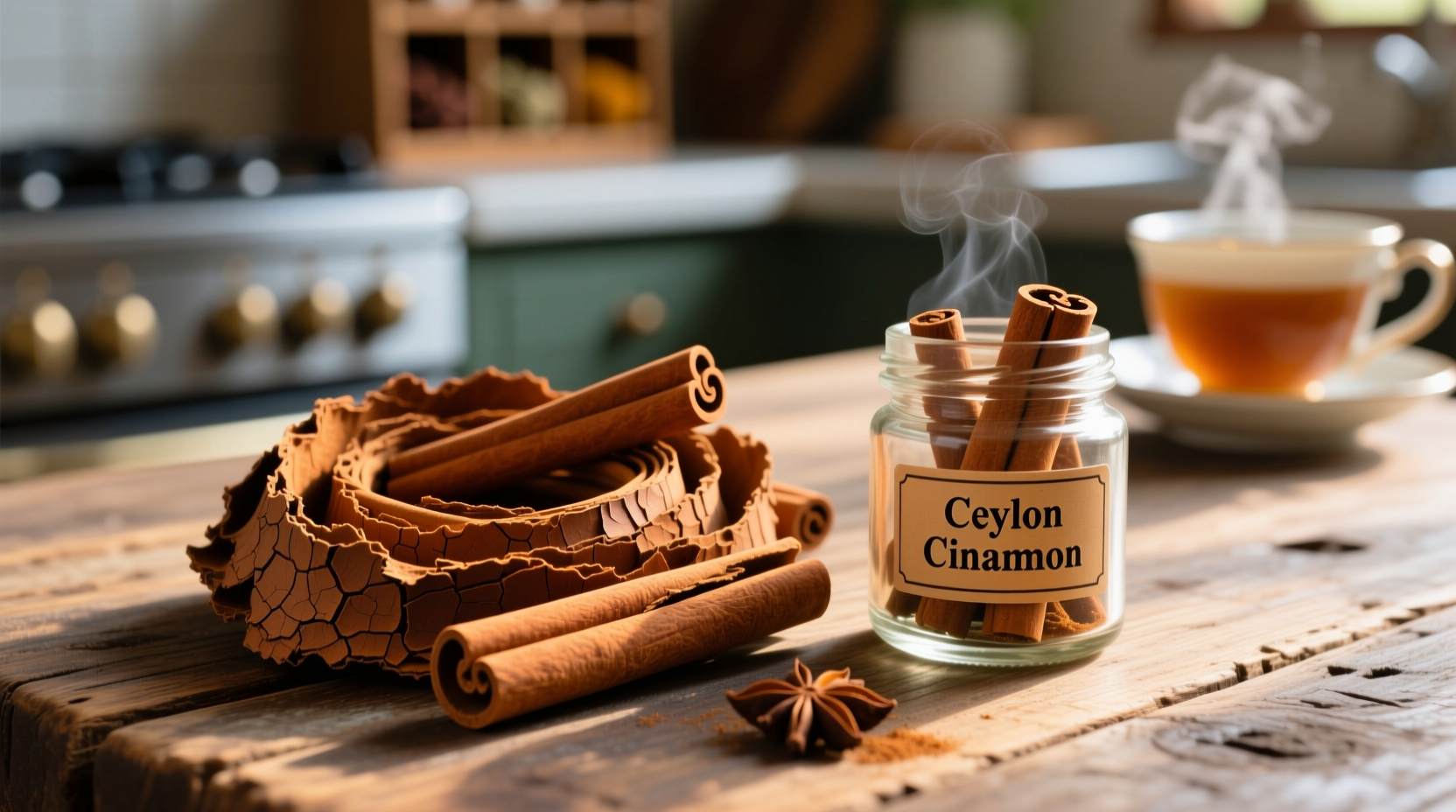 Close-up of cinnamon powder being measured into a spoon next to whole cinnamon sticks