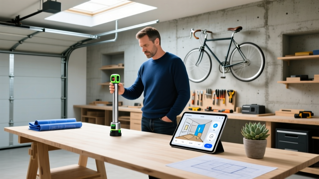 A well-lit modern garage workspace with a dad testing a new laser measure and smart home tablet on the wooden workbench.