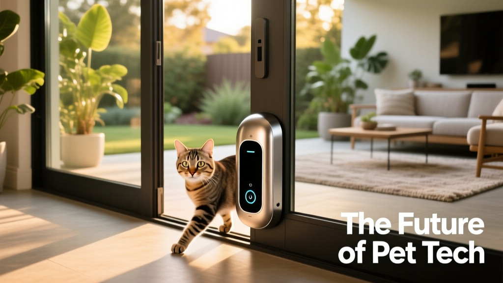 A high-tech pet door installed in a sliding glass patio door, with a cat approaching