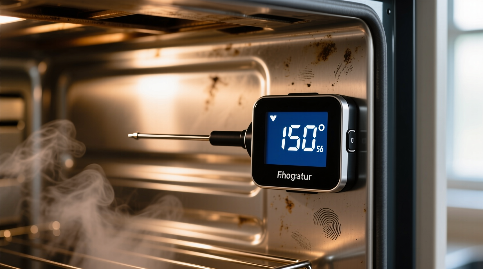 Oven thermometer showing 150 degrees Fahrenheit