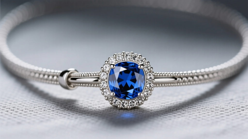 Close-up of millegrain detailing on a platinum lariat necklace clasp, highlighting tiny beaded edges around a calibré sapphire