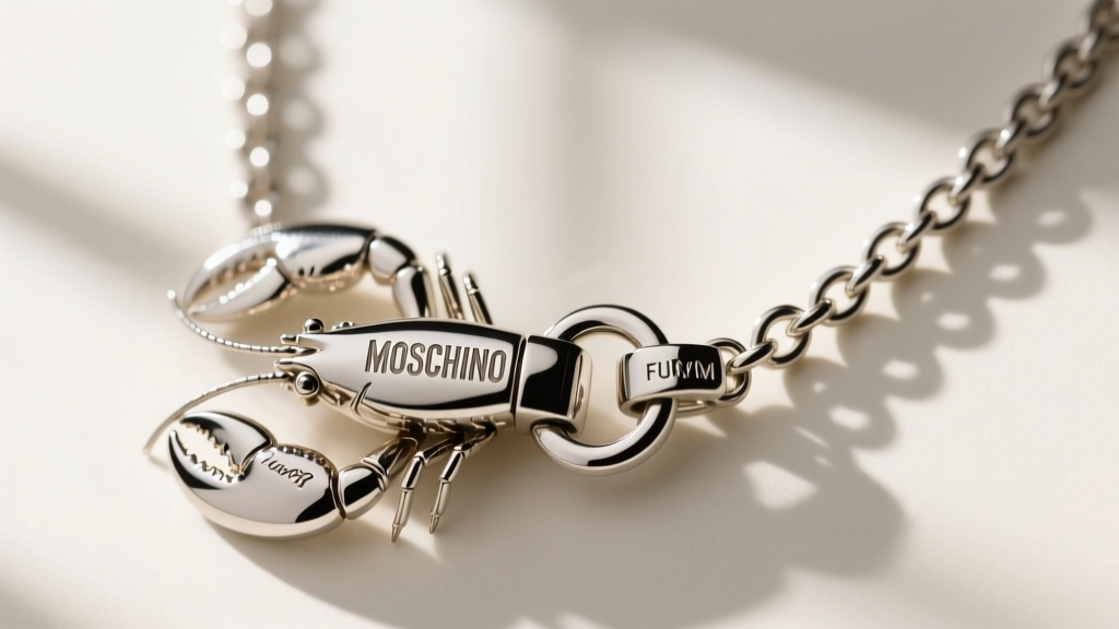 Close-up of a Moschino necklace lobster clasp showing authentic brand hallmark engraving and precise metal stamping on the jump ring