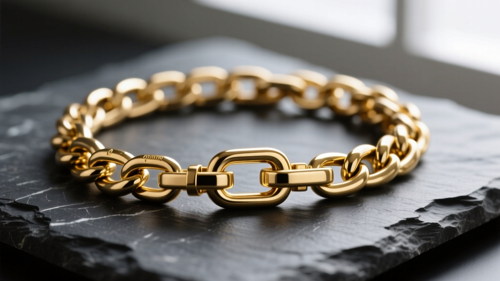 Macro photo of a 1.2mm PVD gold-plated brass Cuban link chain resting on dark slate, highlighting the clasp and link detail.