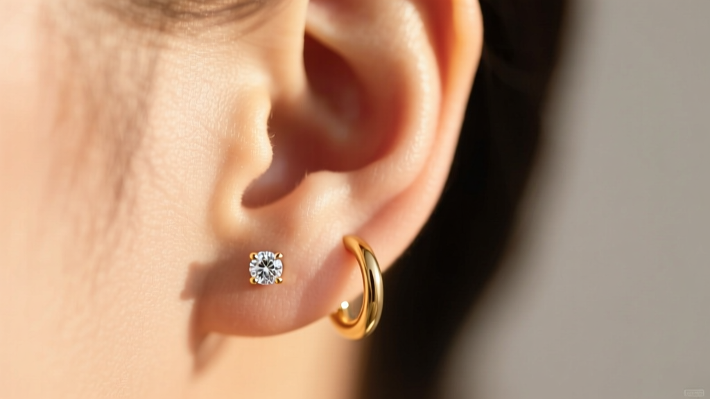 Close-up of an earlobe with a diamond stud in the first hole and a small gold huggie in the second, soft lighting.