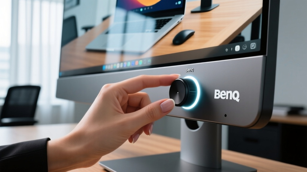 Close-up of a professional hand adjusting the wireless puck dial of a BenQ ScreenBar Halo mounted on a curved ultrawide monitor.