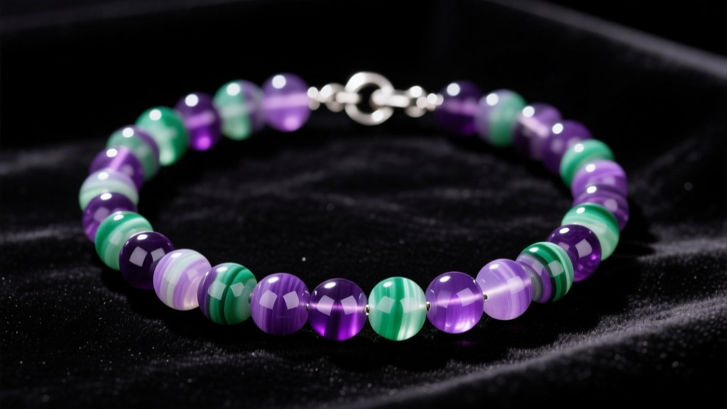Vibrant purple and green banded fluorite bead necklace on dark velvet, showing high-polish round beads and a silver clasp.
