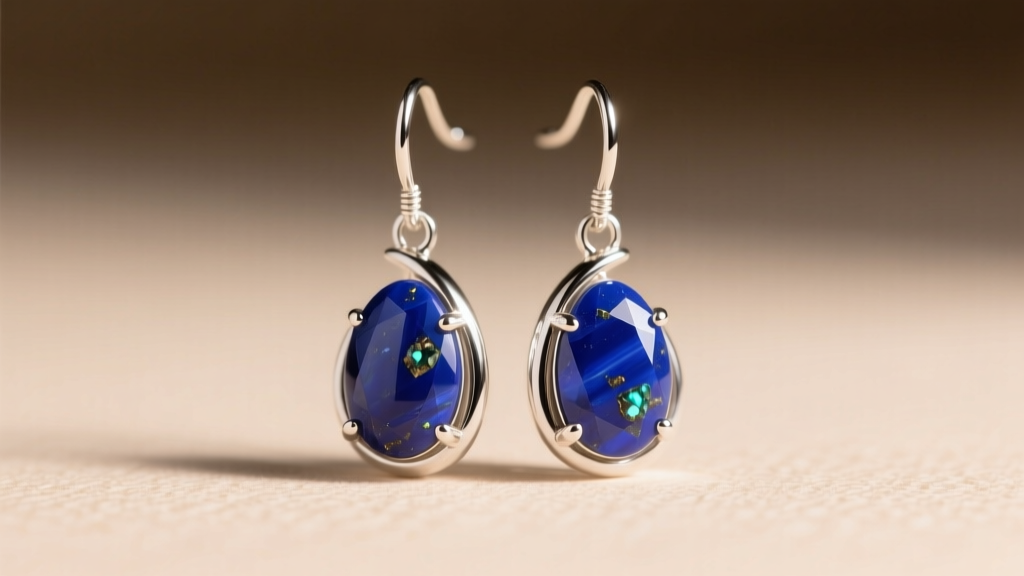 Macro shot of lapis lazuli and sterling silver drop earrings, soft lighting highlighting the deep blue stone and metal.