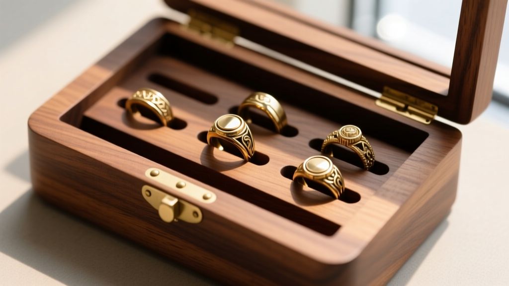 Top-down view of custom wooden jewelry box with deep-slot inserts holding heavy oversized brass replica rings securely
