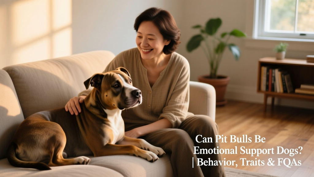 A calm, well-groomed Pitbull resting gently beside a person on a couch, both looking relaxed and connected