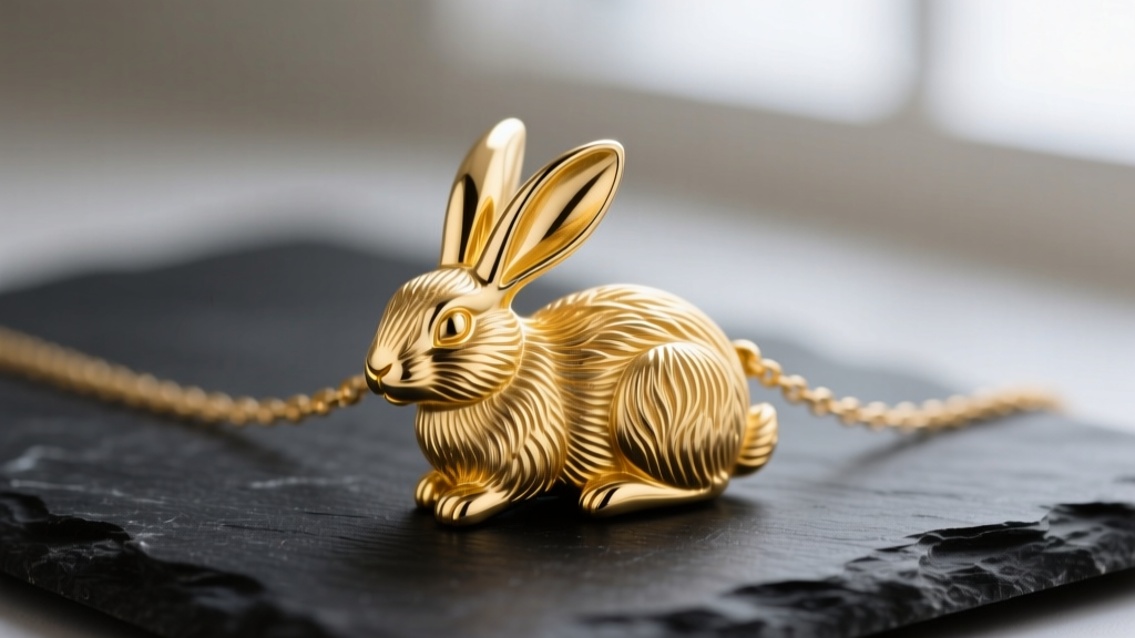 Macro shot of a solid 14k yellow gold bunny pendant necklace on dark slate, highlighting intricate cast fur textures and long ears.