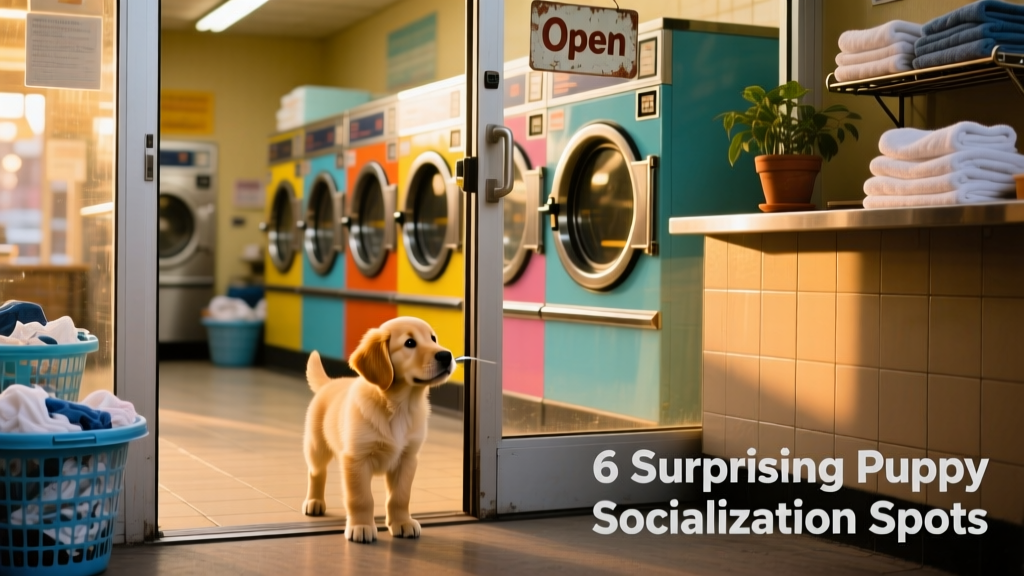Puppy curiously sniffing at a quiet laundromat entrance with colorful machines visible inside