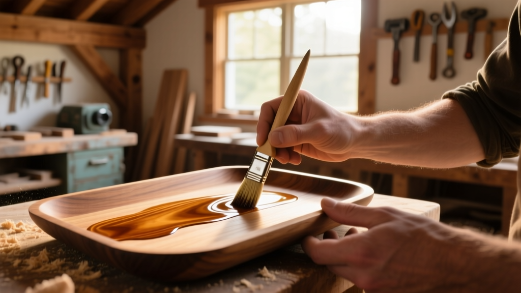 Hands applying dewaxed shellac to a wooden tray with a brush, bathed in warm window light inside the cozy home woodshop setting.